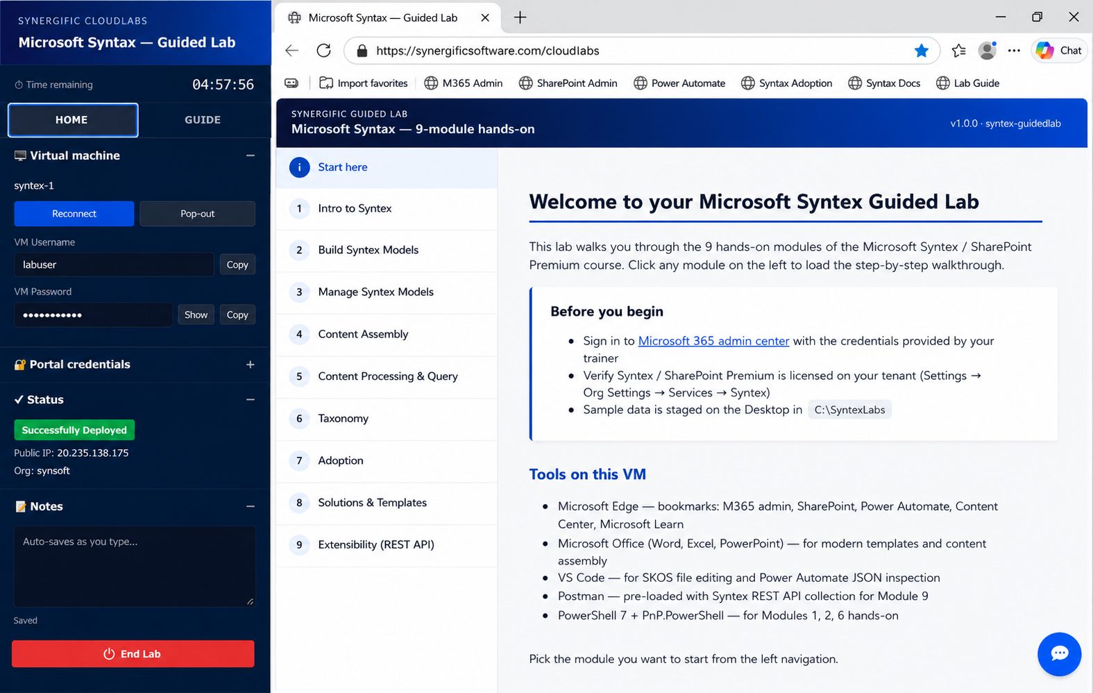 Synergific CloudLabs learner console showing a Microsoft Syntex 9-module guided lab in progress
